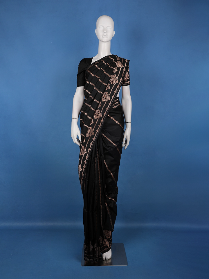 Jet Black Geometric Design Woven Banarasi Silk Saree - Diadem