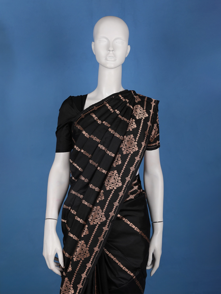 Jet Black Geometric Design Woven Banarasi Silk Saree - Diadem