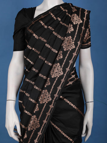 Jet Black Geometric Design Woven Banarasi Silk Saree - Diadem