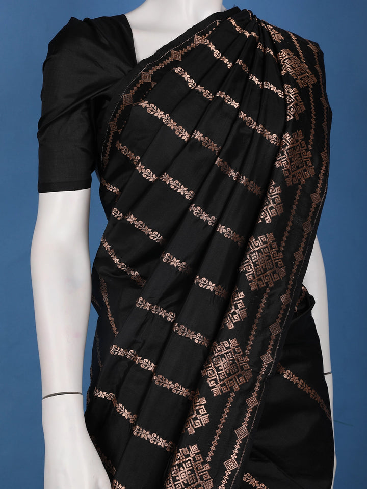 Jet Black Geometric Design Woven Banarasi Silk Saree - Diadem