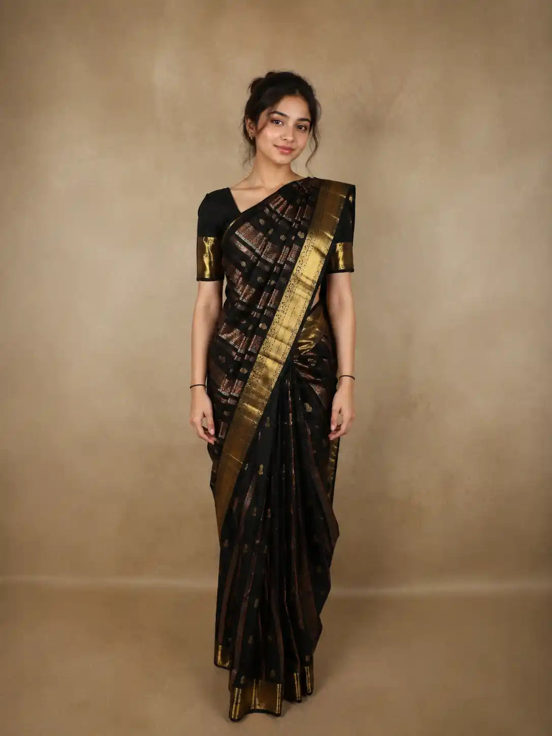 Jet Black Striped Woven Design Pure Kanchipuram Silk Saree with Contrast Zari Border