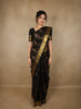 Jet Black Striped Woven Design Pure Kanchipuram Silk Saree with Contrast Zari Border