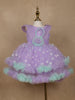 Lavender 3D Floral Layered Party Net Frock with Aqua Ruffle Accents