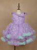 Lavender 3D Floral Layered Party Net Frock with Aqua Ruffle Accents