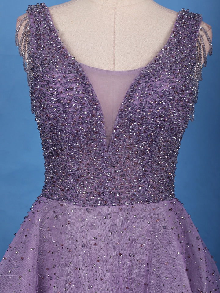 Purple Beaded Net Gown with Deep Neck - Diadem