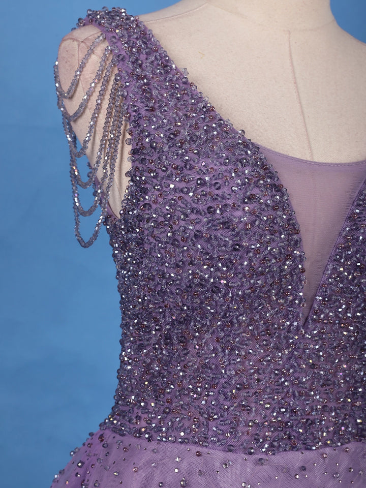 Purple Beaded Net Gown with Deep Neck - Diadem
