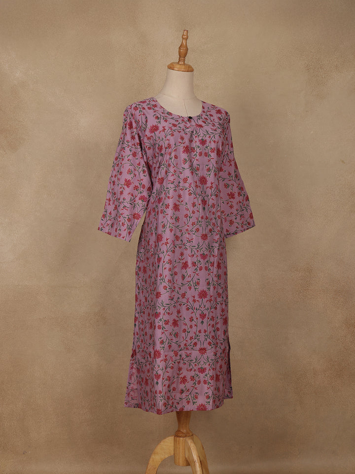Lavender Floral Design Cotton Kurti - Diadem