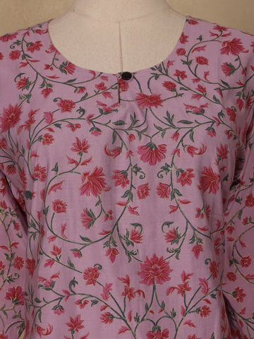 Lavender Floral Design Cotton Kurti - Diadem