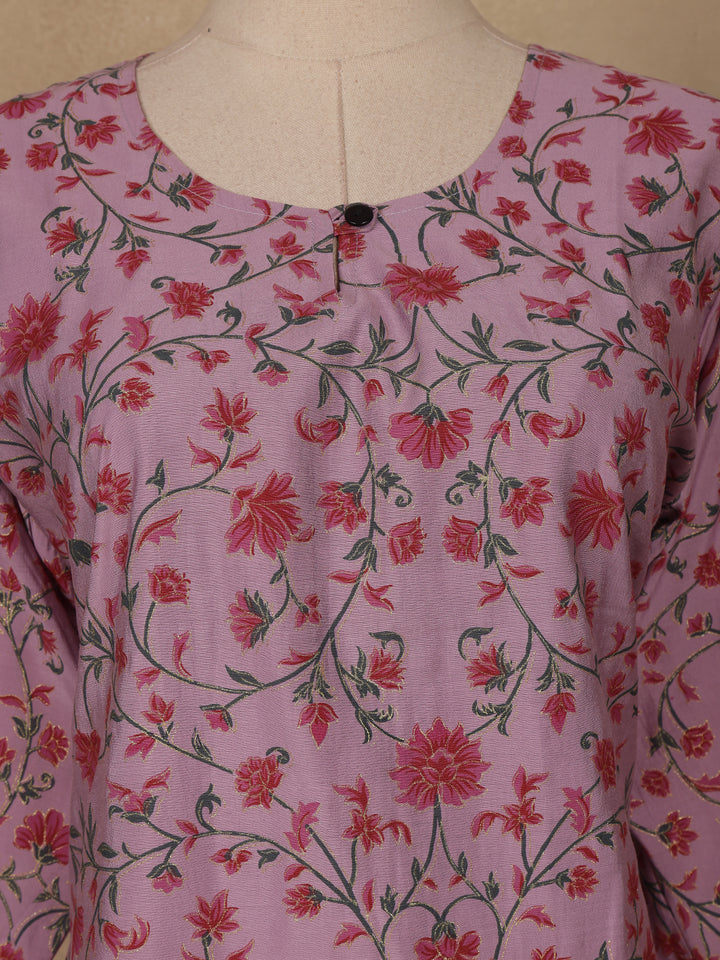 Lavender Floral Design Cotton Kurti - Diadem