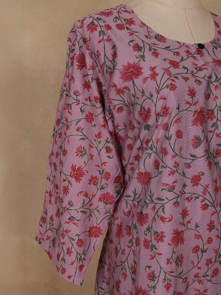 Lavender Floral Design Cotton Kurti - Diadem
