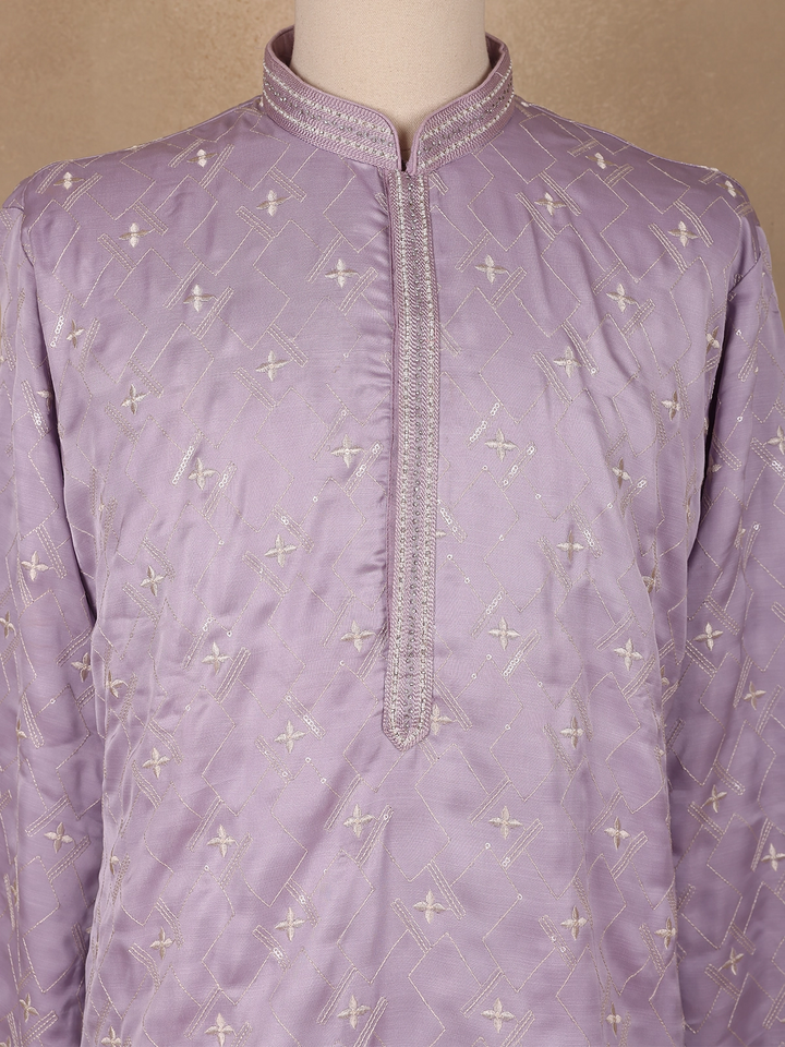 Lavender Floral Designed Cotton Kurta Set - Diadem