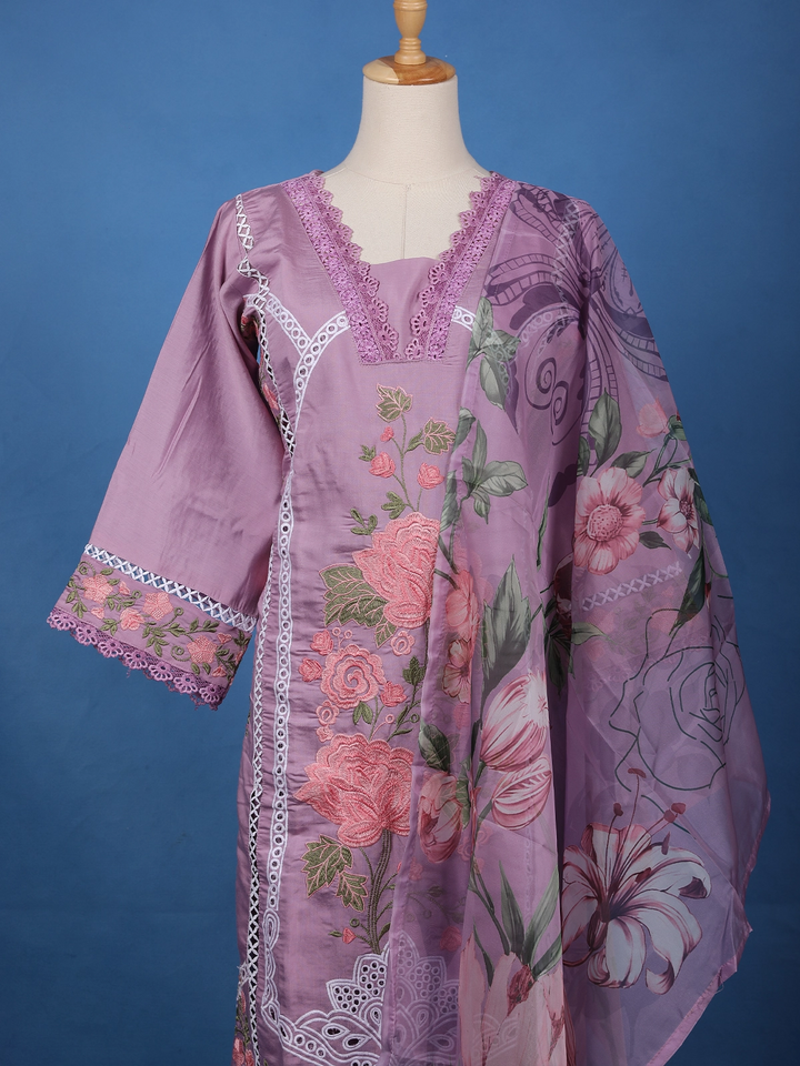 Lavender Floral Embroidered Cotton Salwar Suit - Diadem
