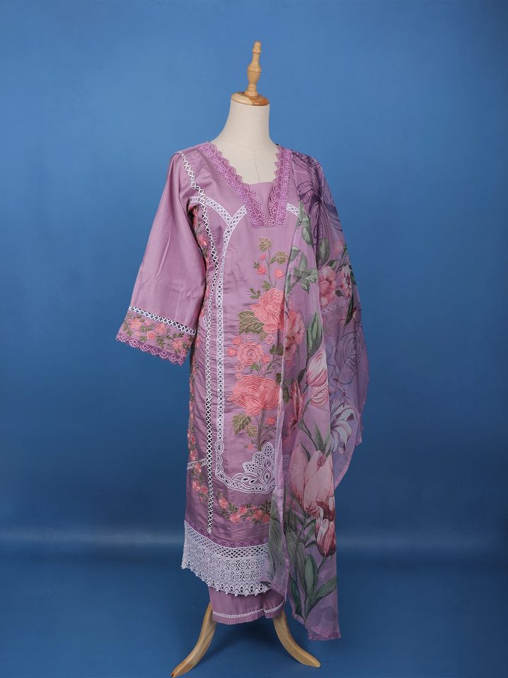 Lavender Floral Embroidered Cotton Salwar Suit - Diadem