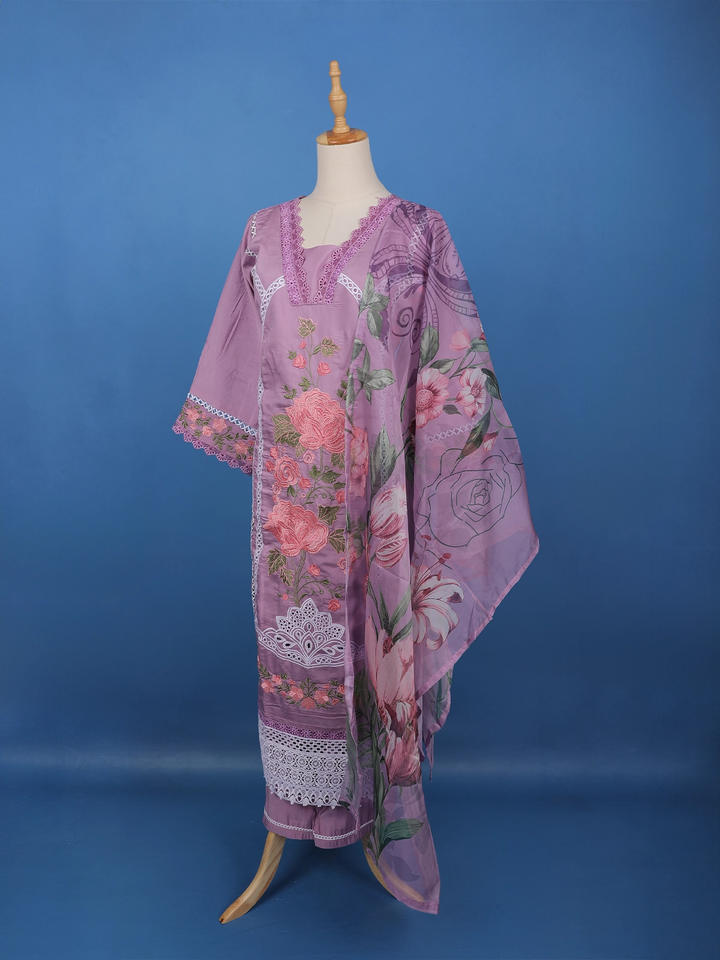 Lavender Floral Embroidered Cotton Salwar Suit - Diadem