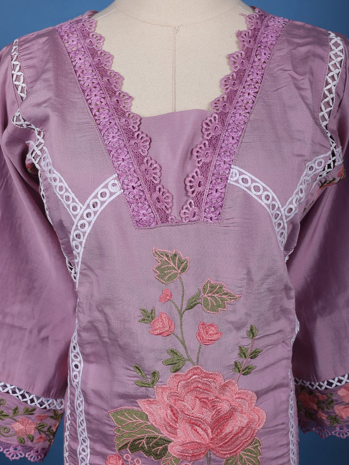 Lavender Floral Embroidered Cotton Salwar Suit - Diadem