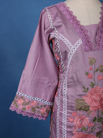 Lavender Floral Embroidered Cotton Salwar Suit - Diadem