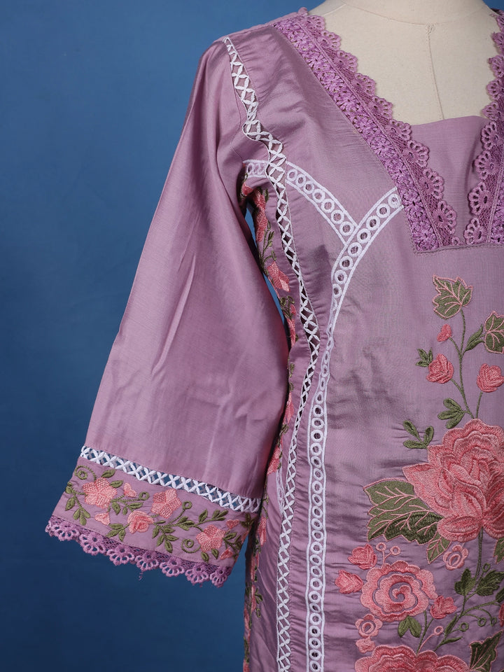 Lavender Floral Embroidered Cotton Salwar Suit - Diadem