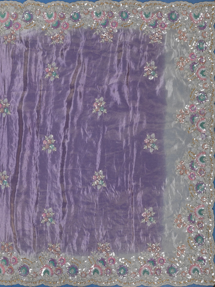 Lavender Floral Embroidered Satin Saree - Diadem