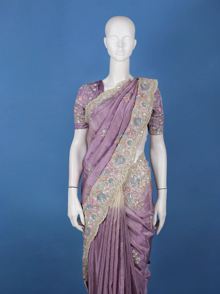 Lavender Floral Embroidered Satin Saree - Diadem