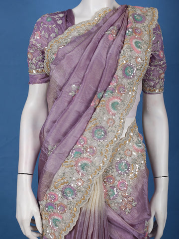 Lavender Floral Embroidered Satin Saree - Diadem