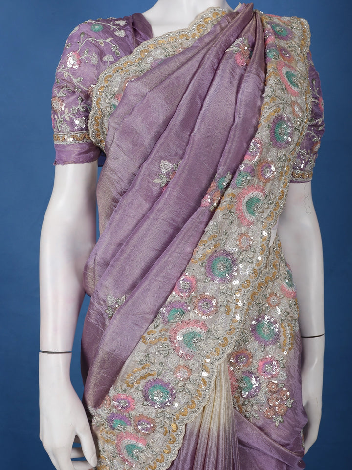 Lavender Floral Embroidered Satin Saree - Diadem