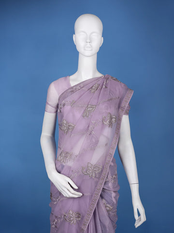 Lavender Floral Sequin Embroidered Organza Saree - Diadem