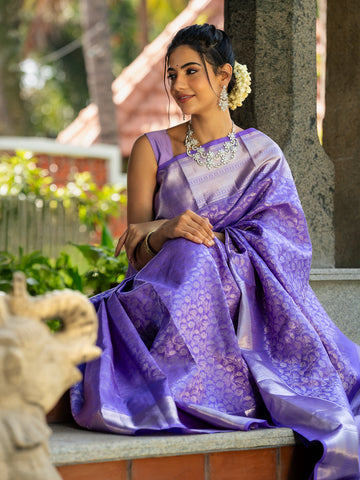 Lavender Floral Woven Pure Kanchipuram Silk Saree - Diadem