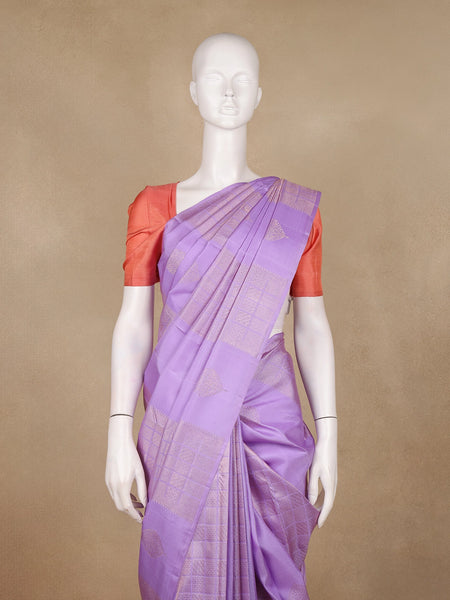 Lavender Geometric Checks And Leaf Motif Woven Pure Kanchipuram Silk Saree - Diadem
