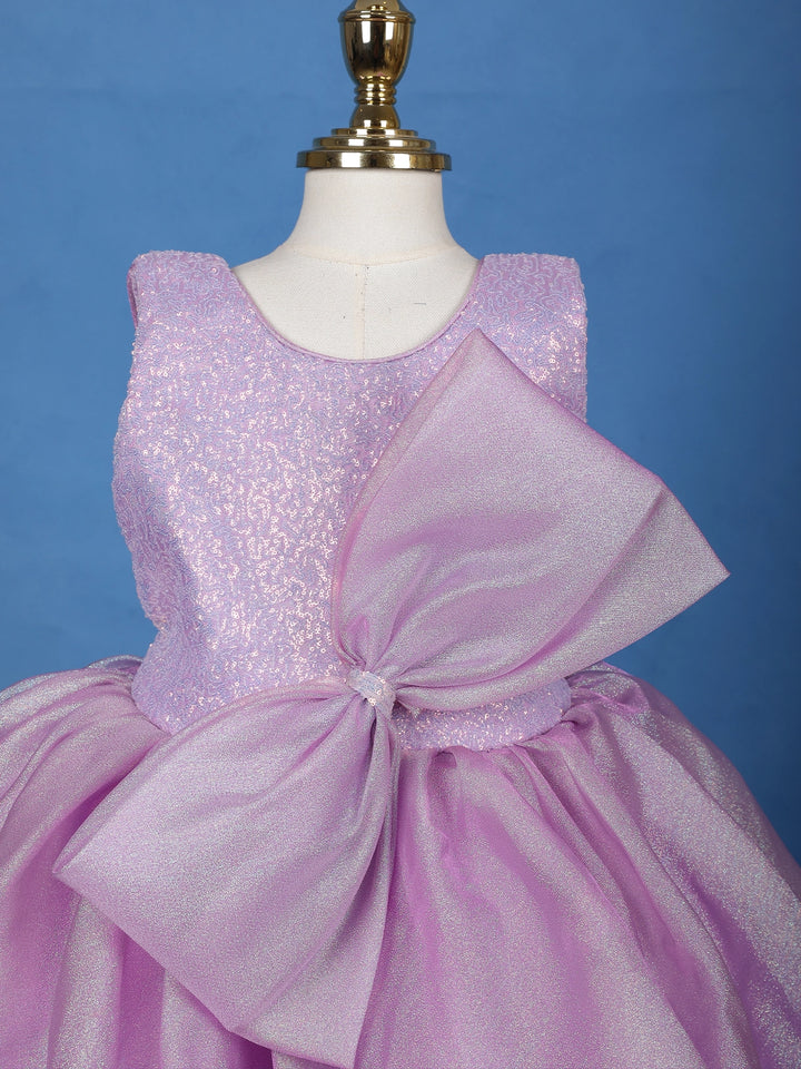 Lavender Sequin Embellished Party Wear Net Frock with Oversized Bow - Diadem