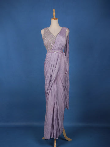 Lavender Solid Design Satin Ready To Wear Saree with Designer Blouse - Diadem