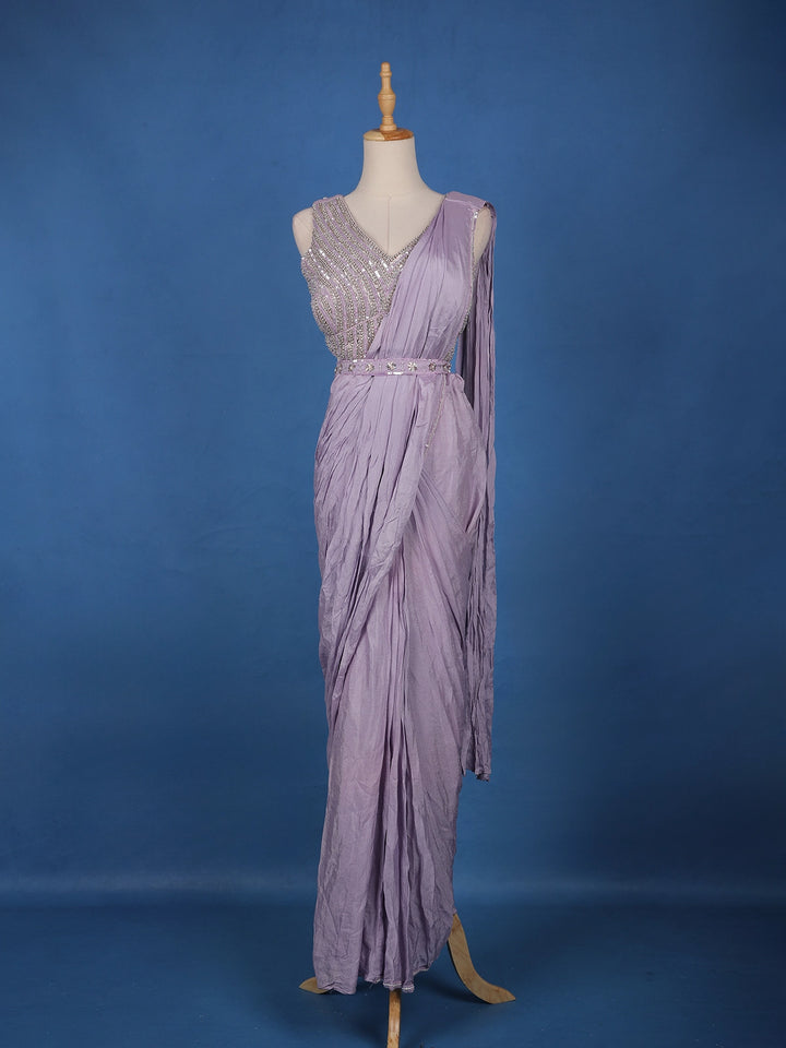 Lavender Solid Design Satin Ready To Wear Saree with Designer Blouse - Diadem