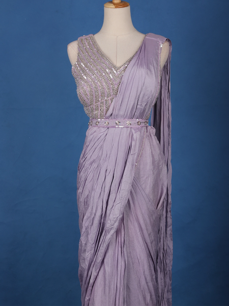 Lavender Solid Design Satin Ready To Wear Saree with Designer Blouse - Diadem
