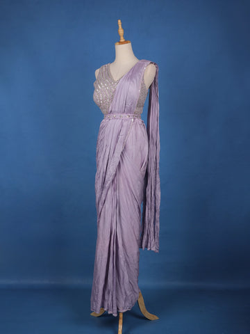 Lavender Solid Design Satin Ready To Wear Saree with Designer Blouse - Diadem