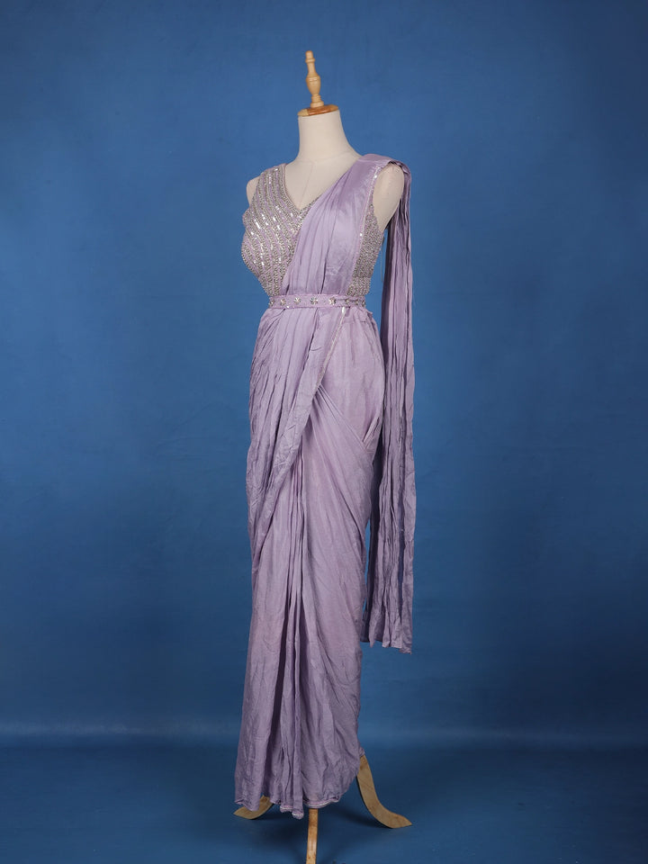 Lavender Solid Design Satin Ready To Wear Saree with Designer Blouse - Diadem
