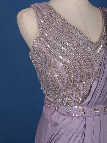 Lavender Solid Design Satin Ready To Wear Saree with Designer Blouse - Diadem