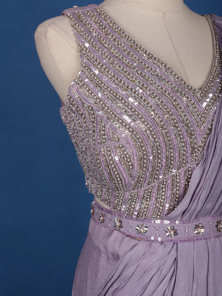 Lavender Solid Design Satin Ready To Wear Saree with Designer Blouse - Diadem