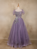 Lavender Sequins Embellished Design Net Ball Gown with Puff Sleeves