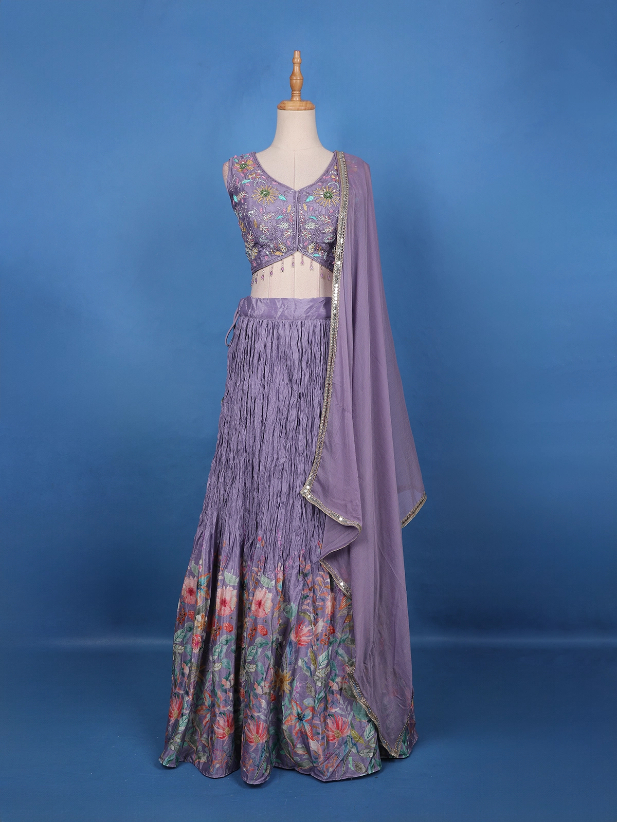 Lavender Beaded Sequins Floral Design Bridal Georgette Lehenga