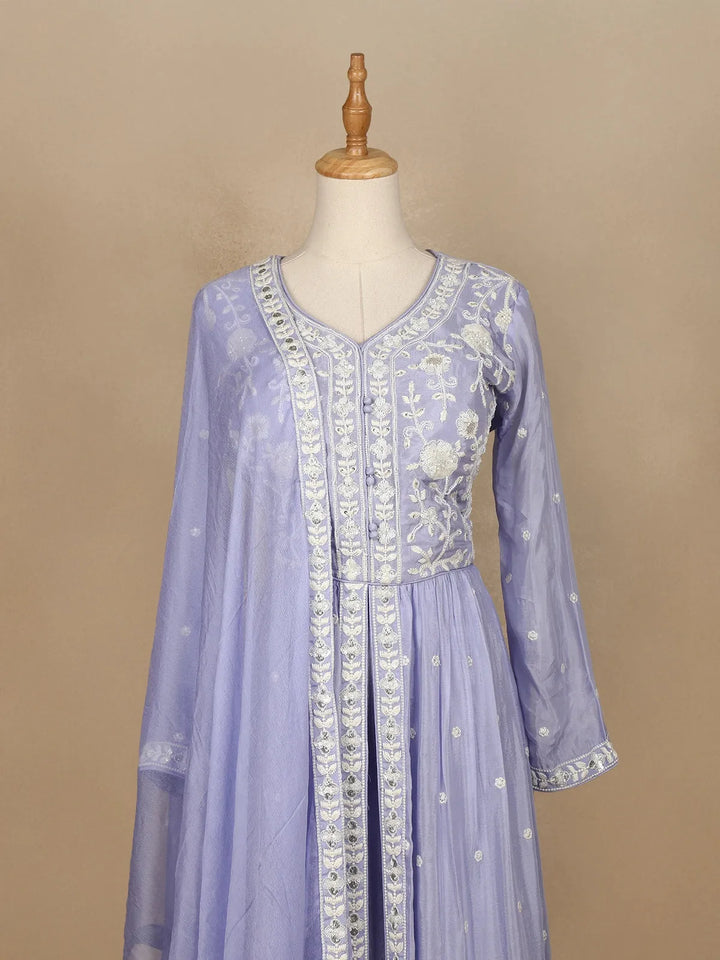 Lavender Crepe Palazzo Suit with Floral Embroidery Design - Diadem