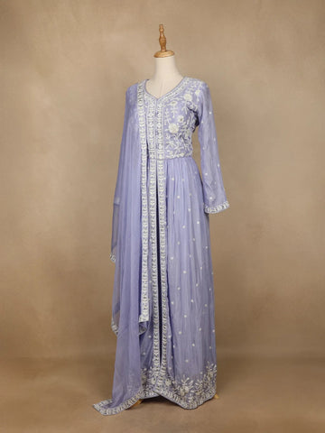 Lavender Crepe Palazzo Suit with Floral Embroidery Design - Diadem