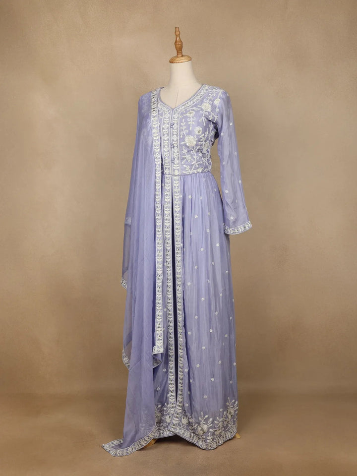 Lavender Crepe Palazzo Suit with Floral Embroidery Design - Diadem