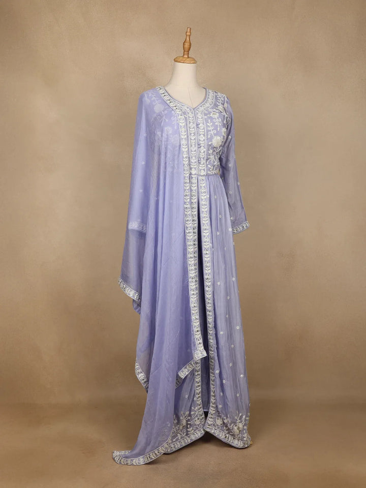 Lavender Crepe Palazzo Suit with Floral Embroidery Design - Diadem
