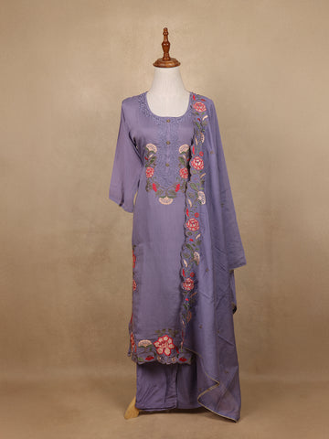 Lavender Floral Design Embroidered Cotton Salwar Suit - Diadem