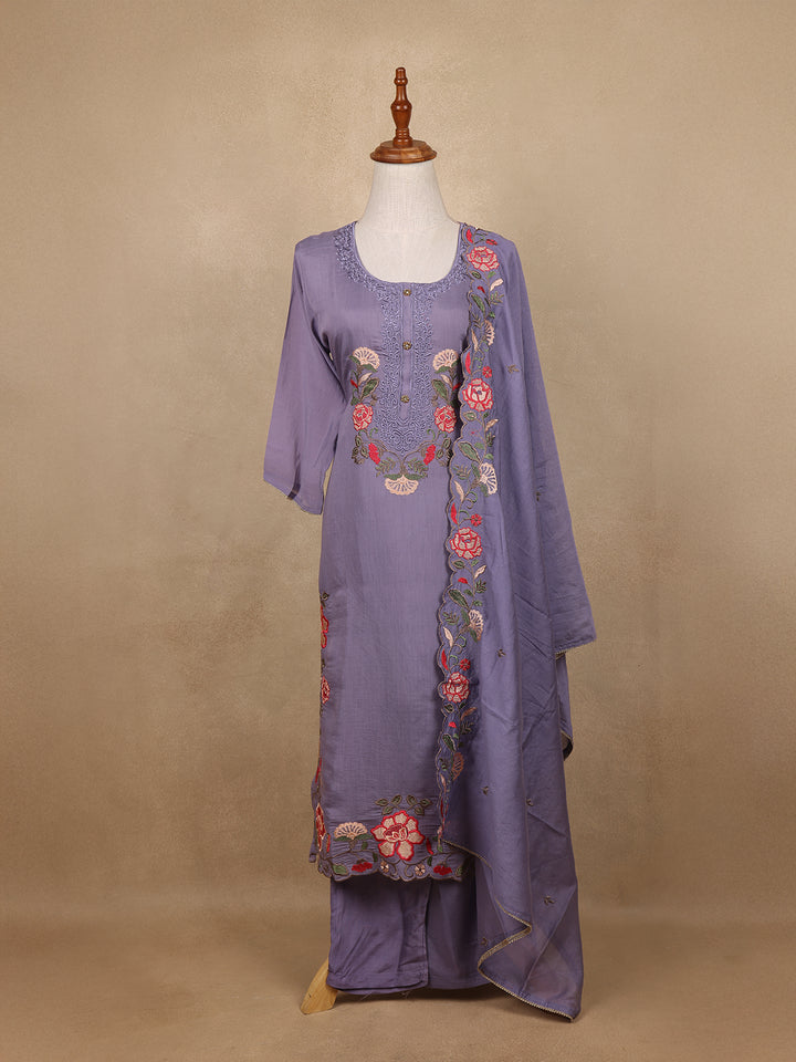 Lavender Floral Design Embroidered Cotton Salwar Suit - Diadem