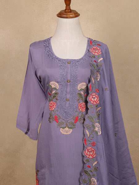 Lavender Floral Design Embroidered Cotton Salwar Suit - Diadem