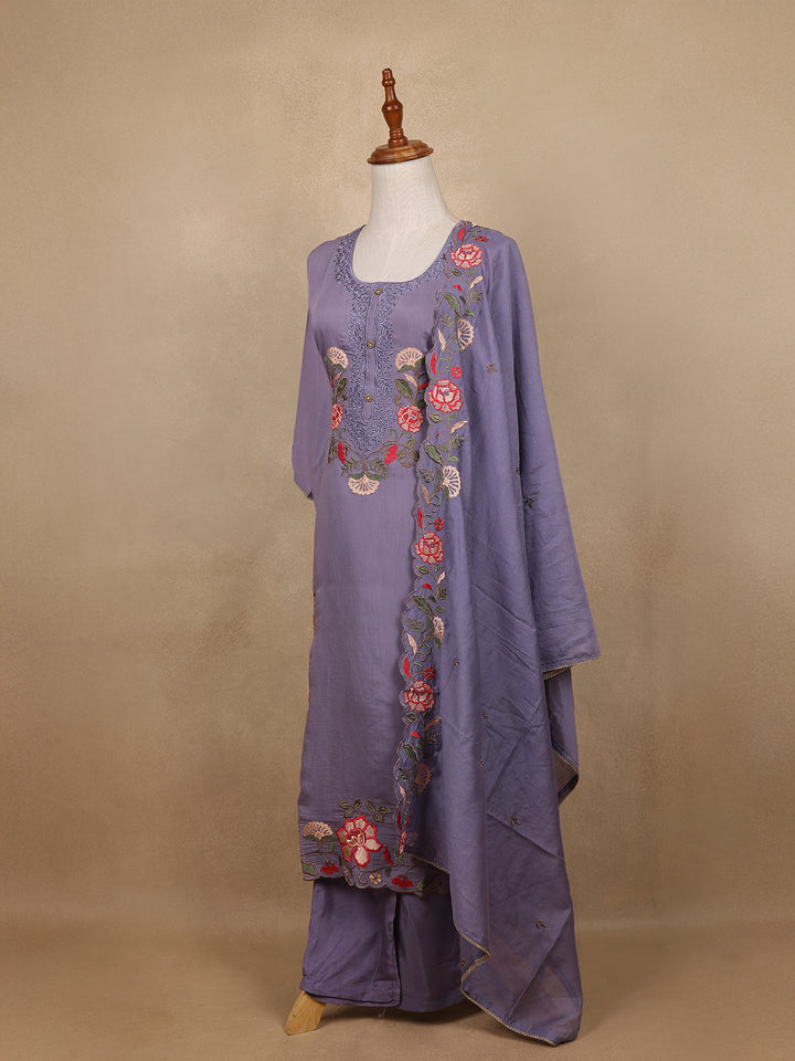 Lavender Floral Design Embroidered Cotton Salwar Suit - Diadem