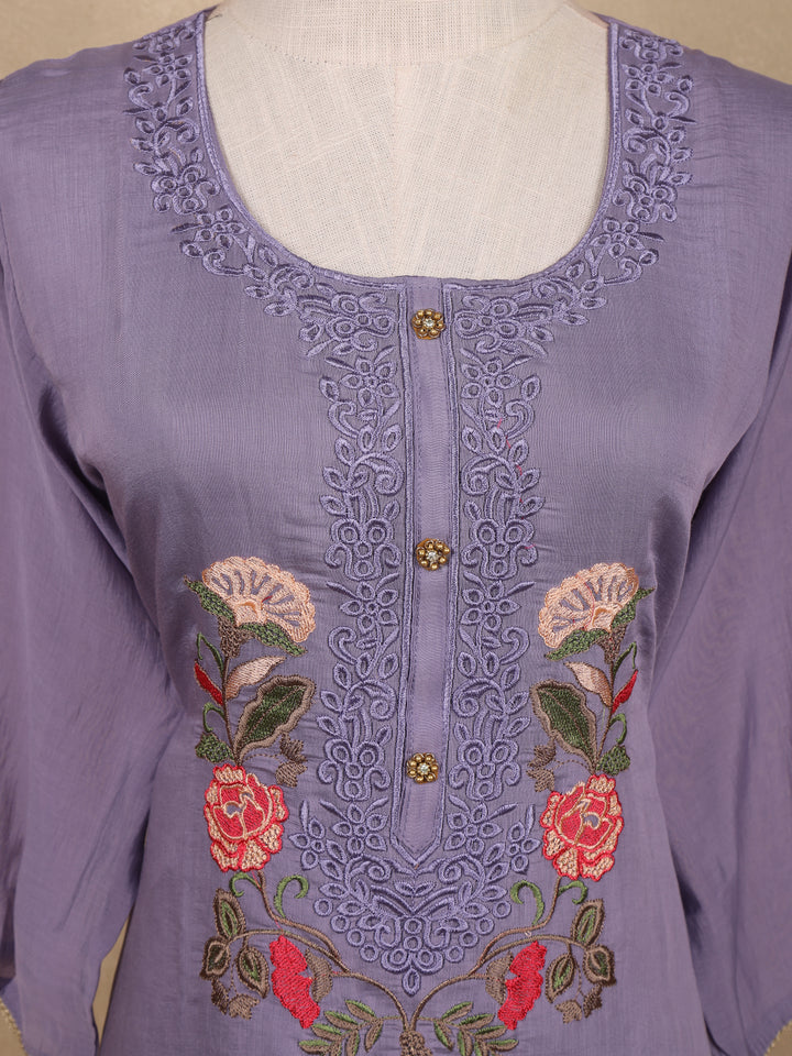Lavender Floral Design Embroidered Cotton Salwar Suit - Diadem
