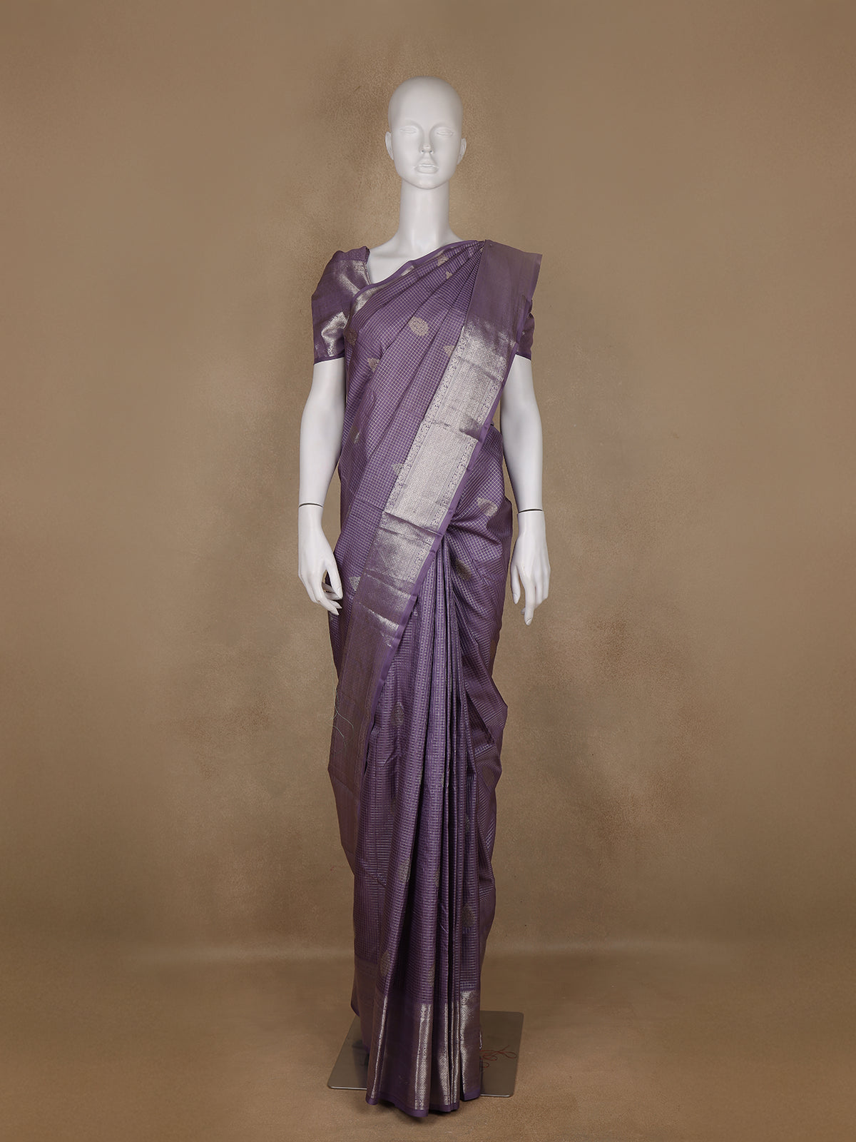 Lavender Floral Butta and Checks woven Silk Saree - Diadem