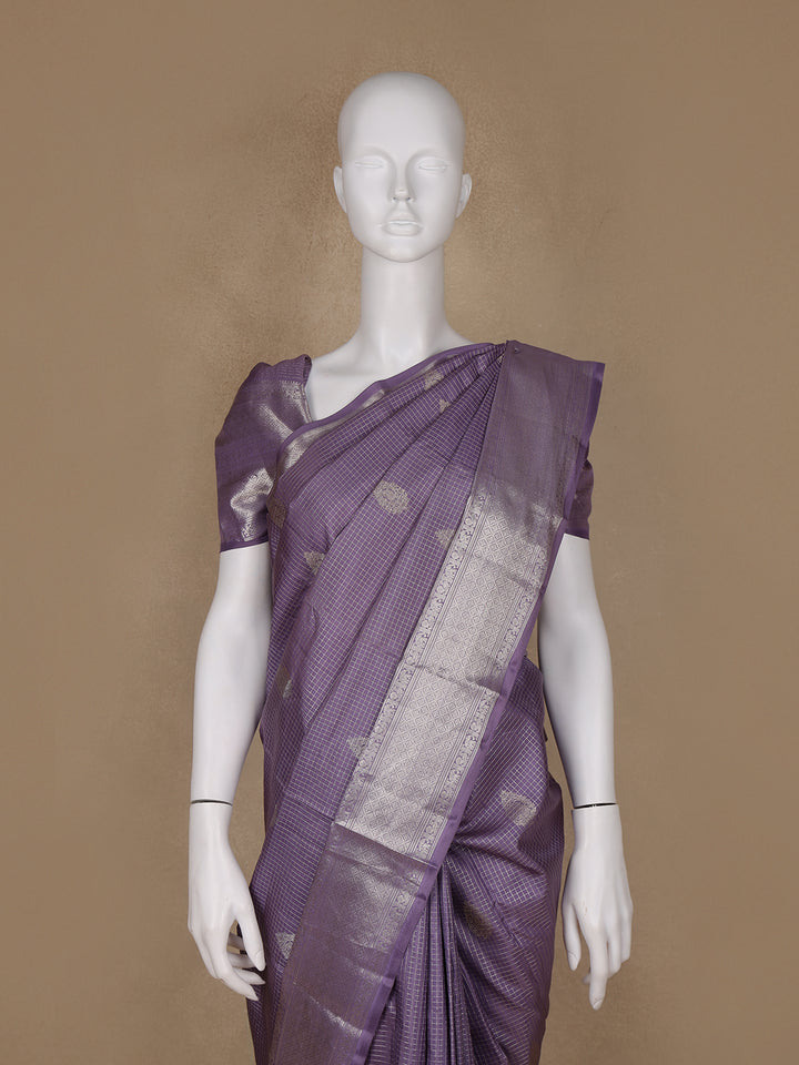 Lavender Floral Butta and Checks woven Silk Saree - Diadem