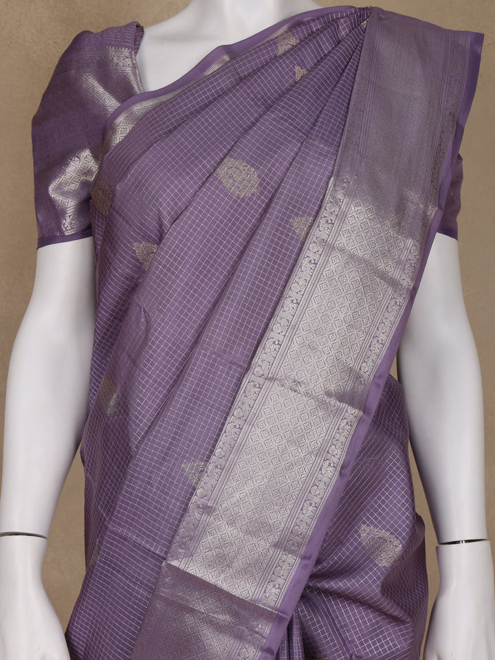 Lavender Floral Butta and Checks woven Silk Saree - Diadem